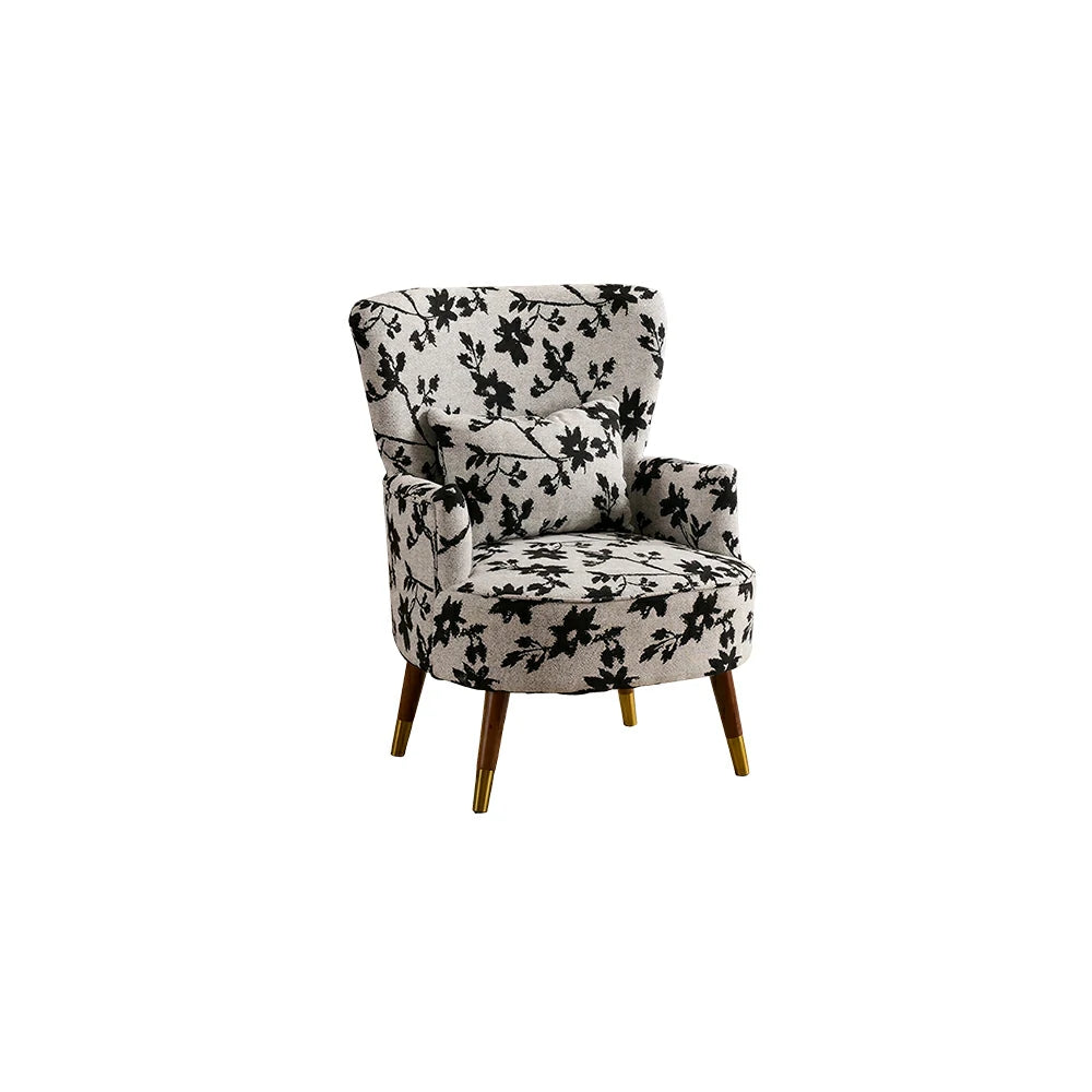 LIVARA High Back Vintage Peony Lounge Chair with Solid Wood Legs for Living Room -Grey