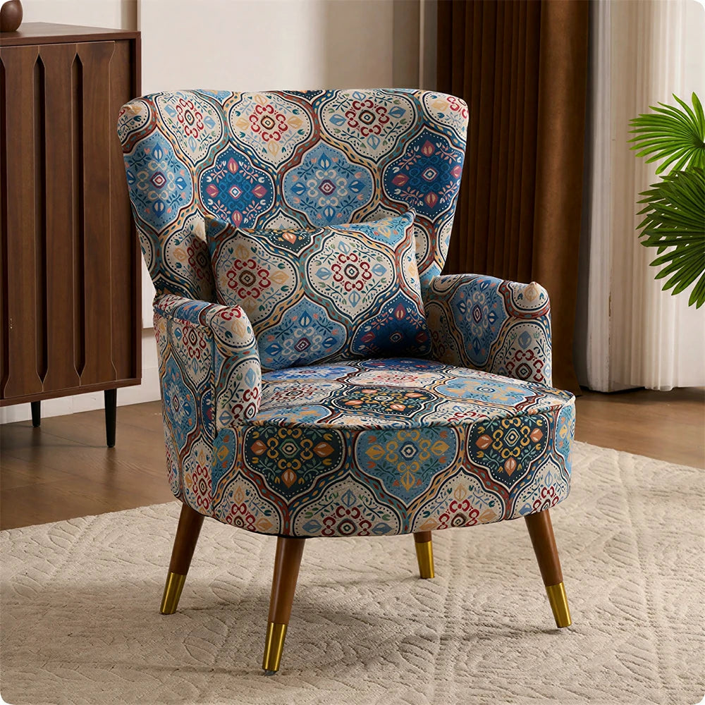 LIVARA High Back Vintage Peony Lounge Chair with Solid Wood Legs for Living Room -Blue