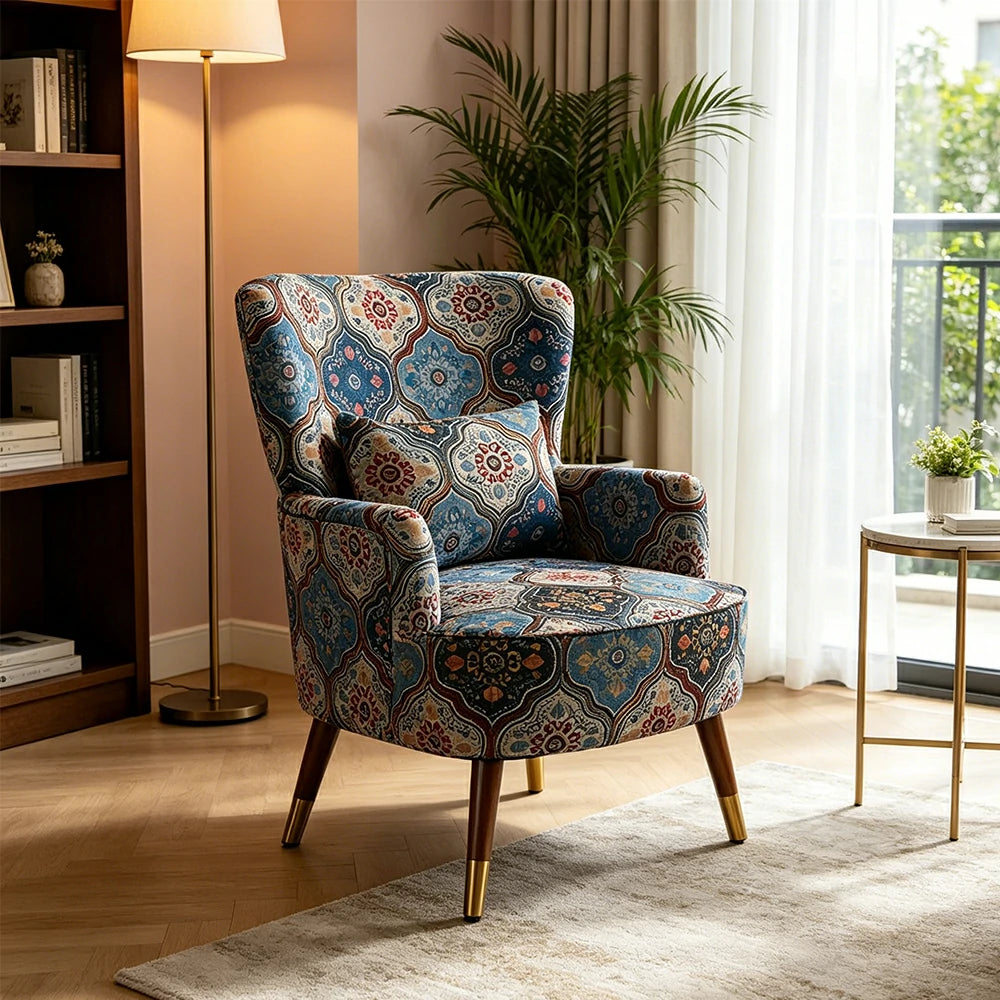 LIVARA High Back Vintage Peony Lounge Chair with Solid Wood Legs for Living Room -Blue