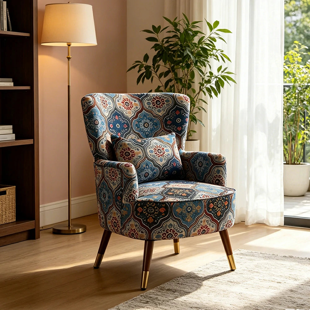 LIVARA High Back Vintage Peony Lounge Chair with Solid Wood Legs for Living Room -Blue