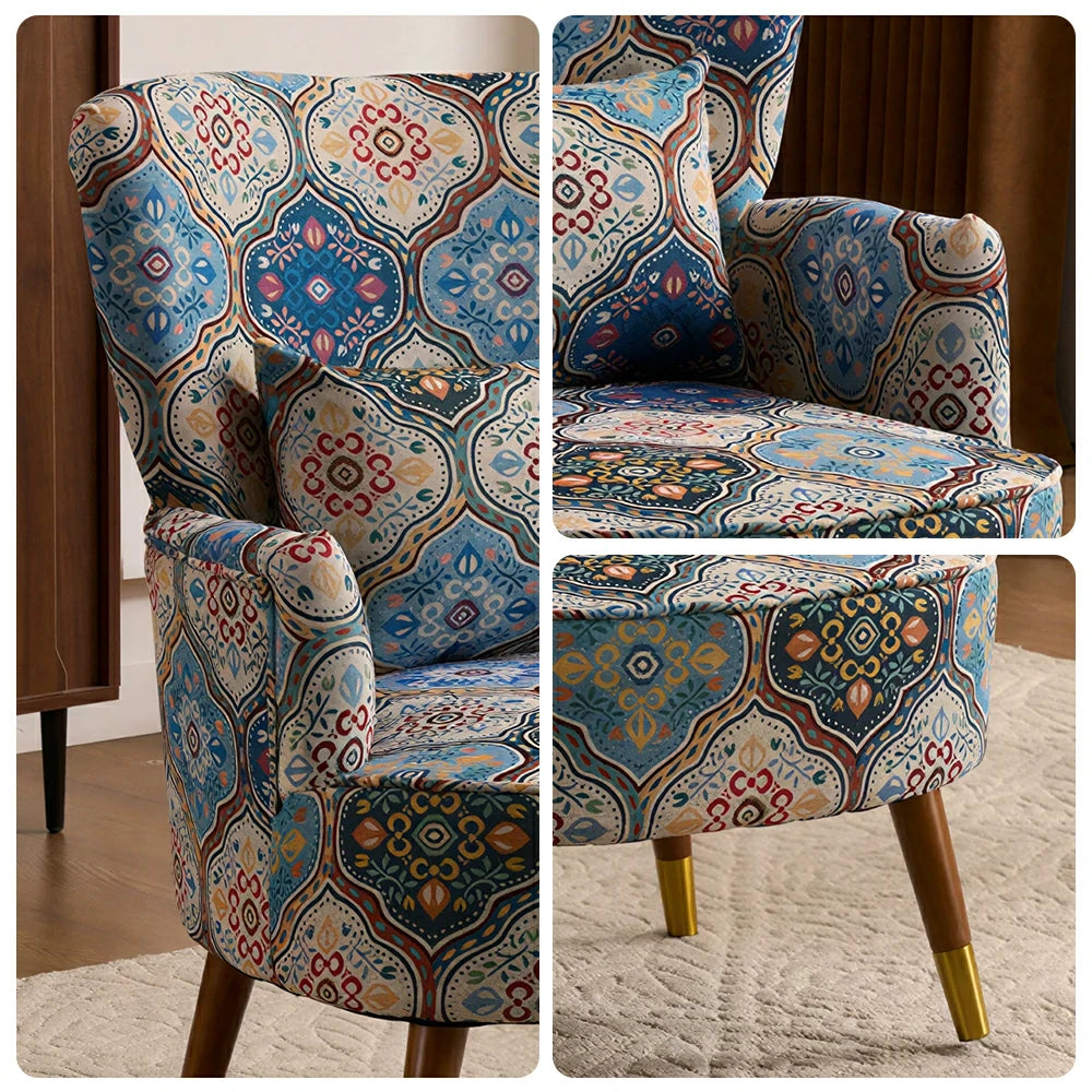 LIVARA High Back Vintage Peony Lounge Chair with Solid Wood Legs for Living Room -Blue