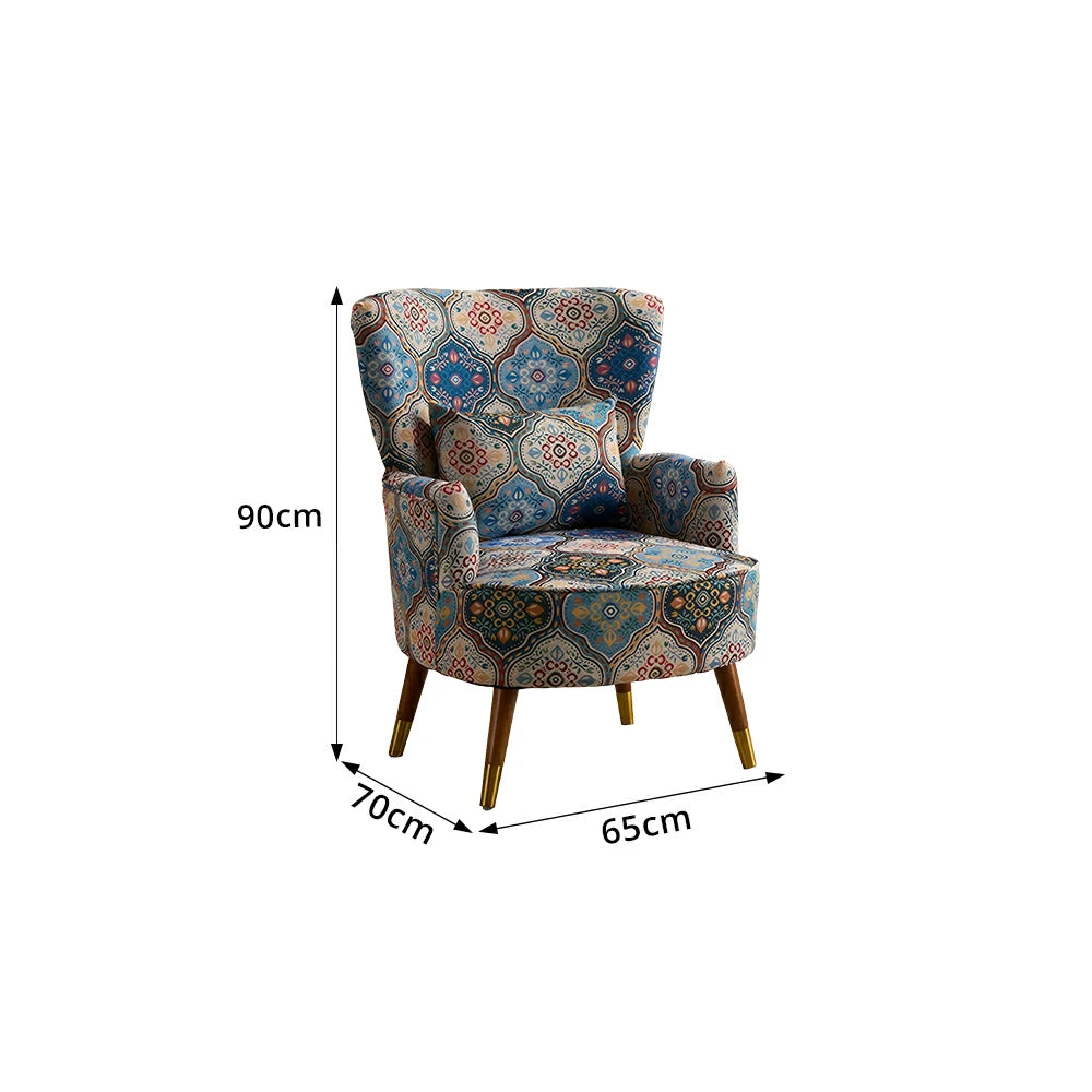 LIVARA High Back Vintage Peony Lounge Chair with Solid Wood Legs for Living Room -Blue