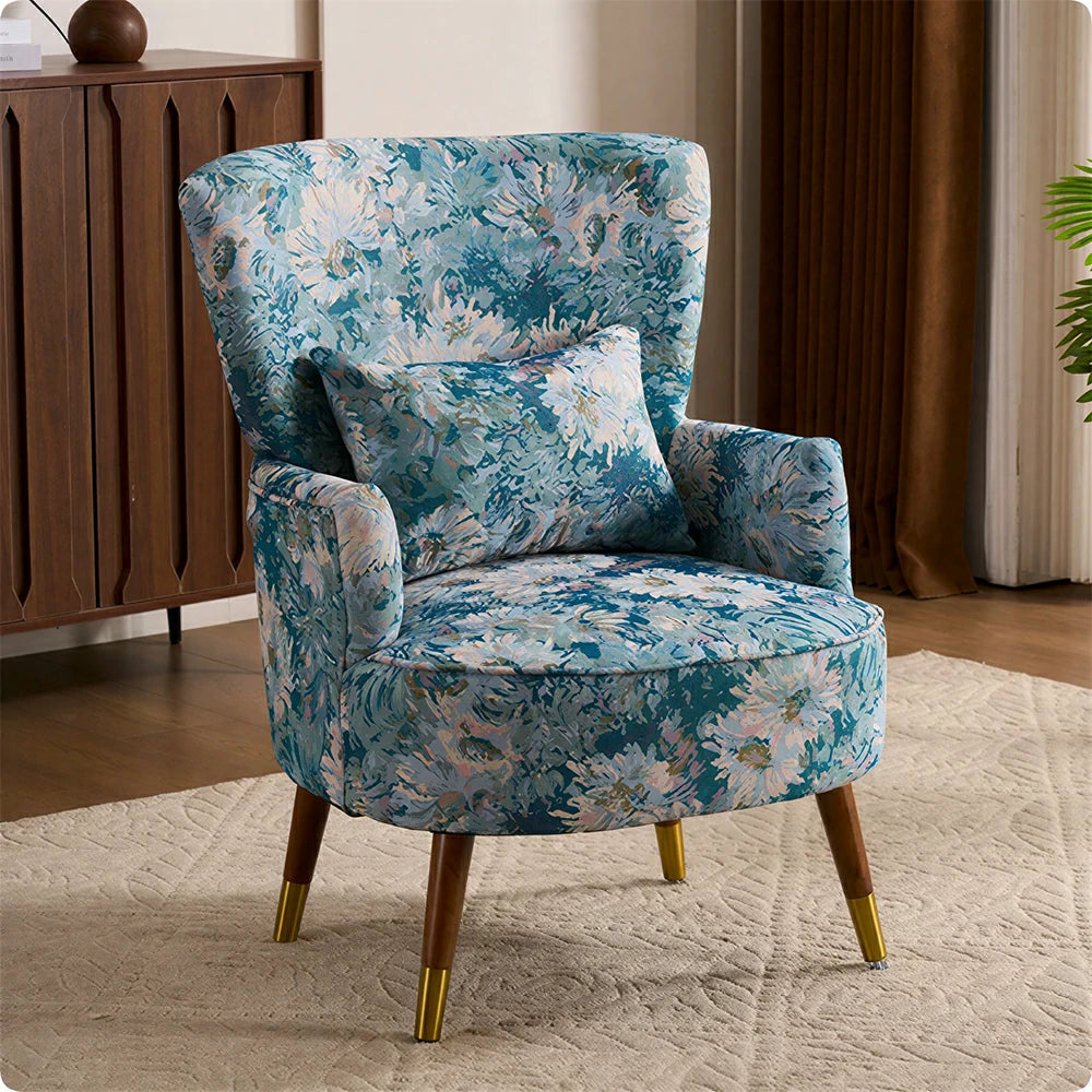 LIVARA High Back Vintage Peony Lounge Chair with Solid Wood Legs for Living Room -Light Blue
