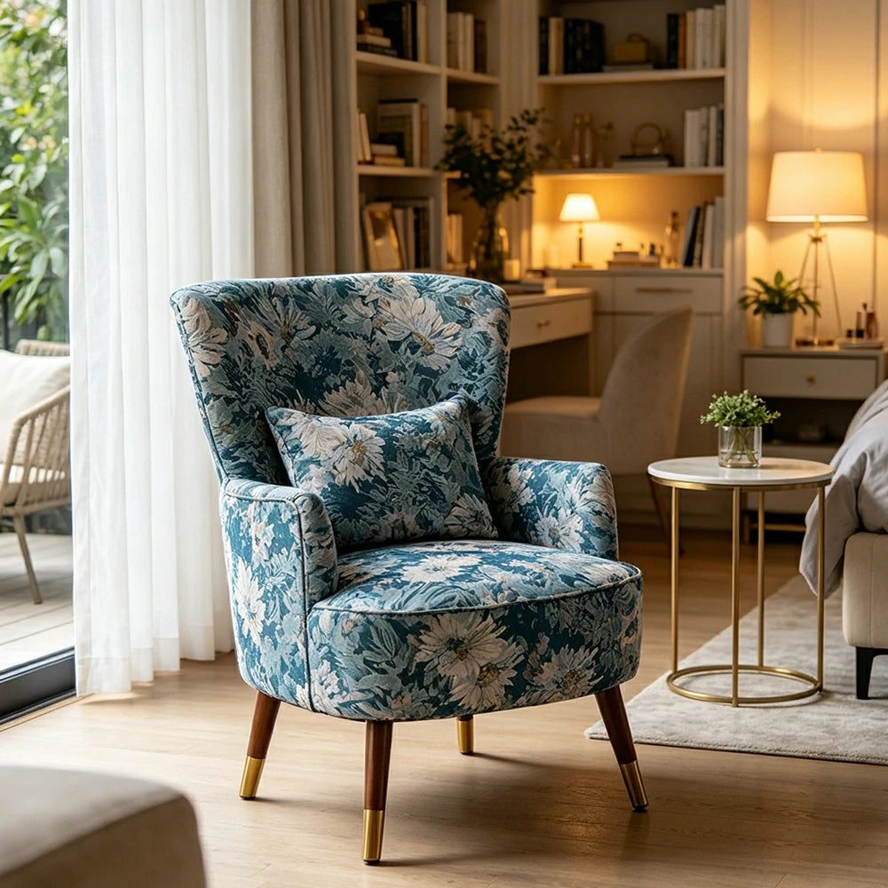 LIVARA High Back Vintage Peony Lounge Chair with Solid Wood Legs for Living Room -Light Blue