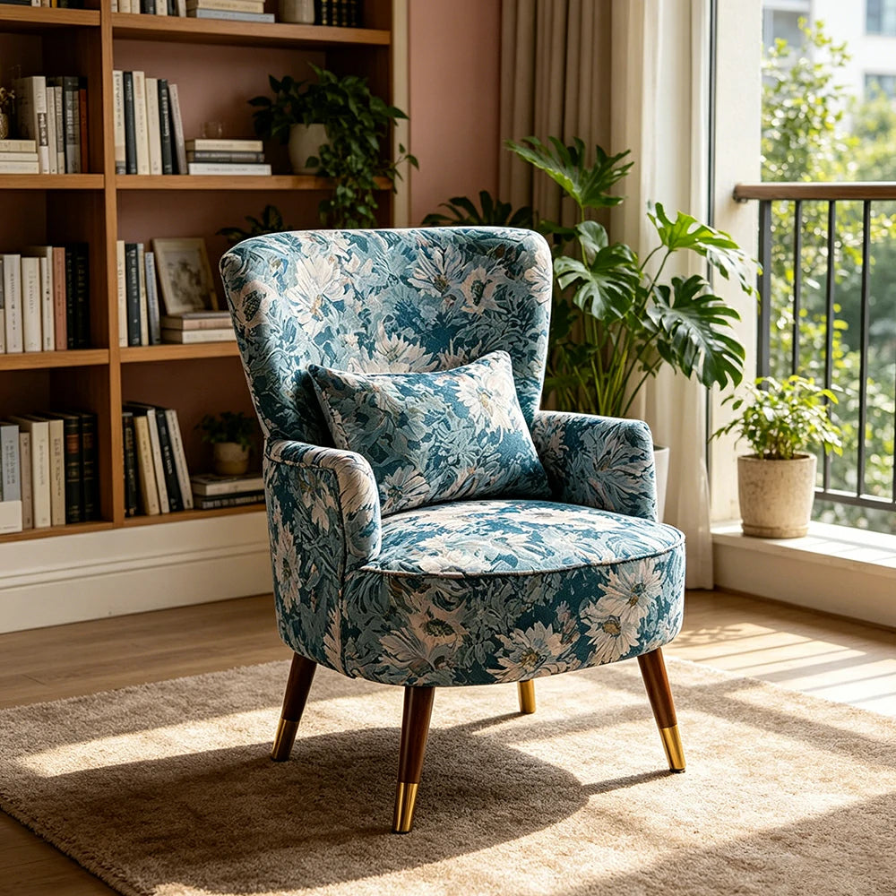 LIVARA High Back Vintage Peony Lounge Chair with Solid Wood Legs for Living Room -Light Blue