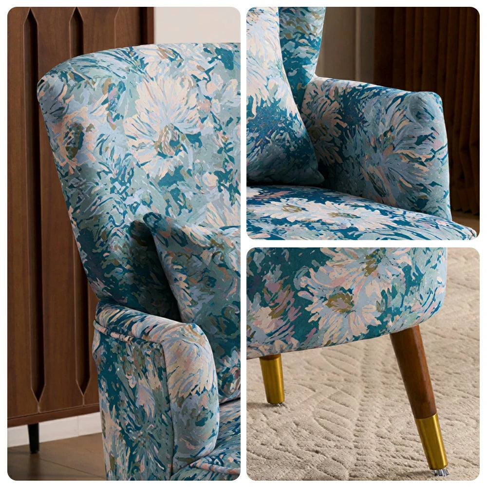 LIVARA High Back Vintage Peony Lounge Chair with Solid Wood Legs for Living Room -Light Blue