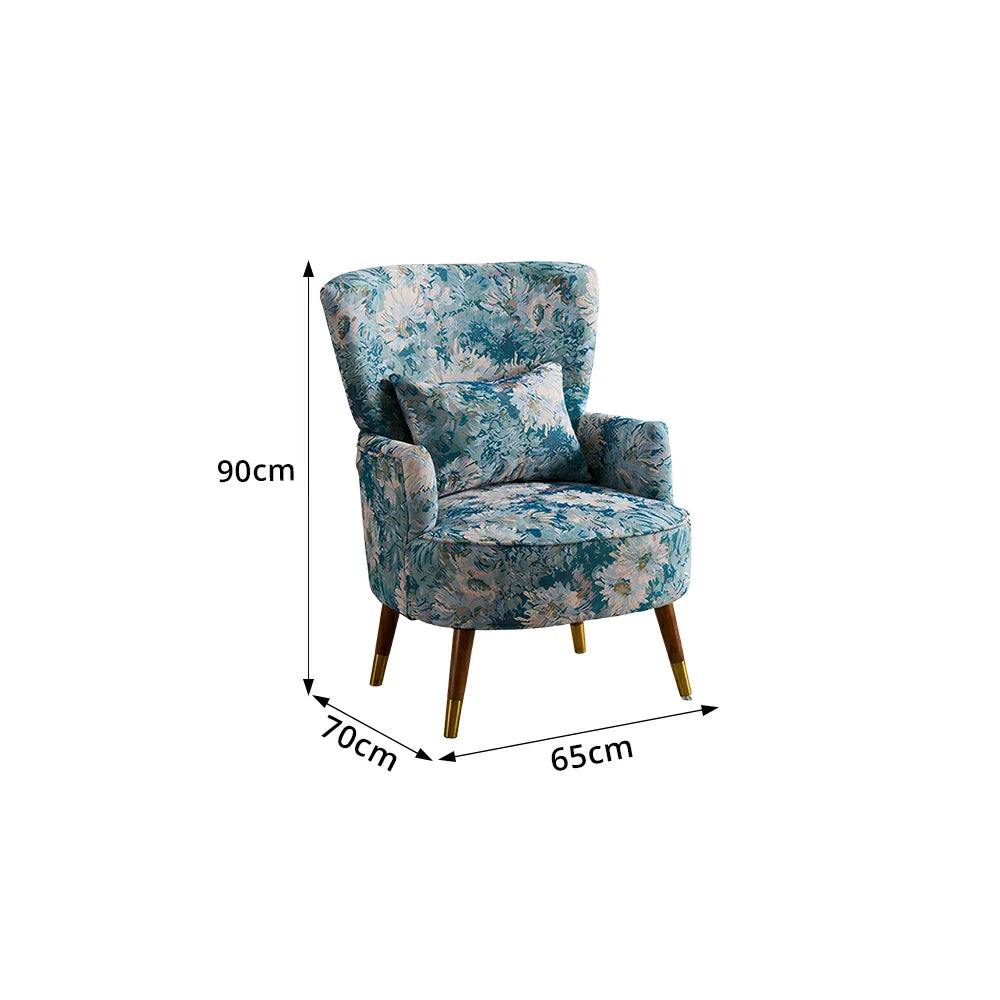 LIVARA High Back Vintage Peony Lounge Chair with Solid Wood Legs for Living Room -Light Blue