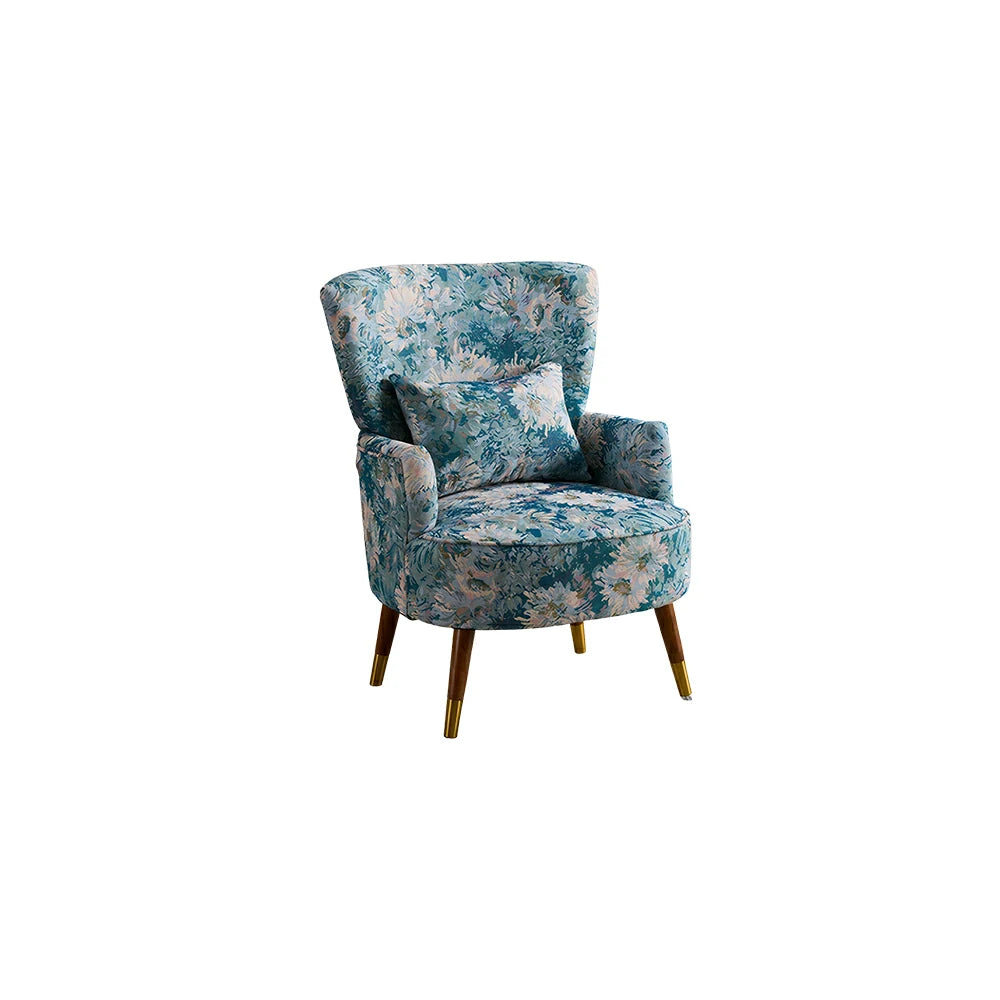 LIVARA High Back Vintage Peony Lounge Chair with Solid Wood Legs for Living Room -Light Blue