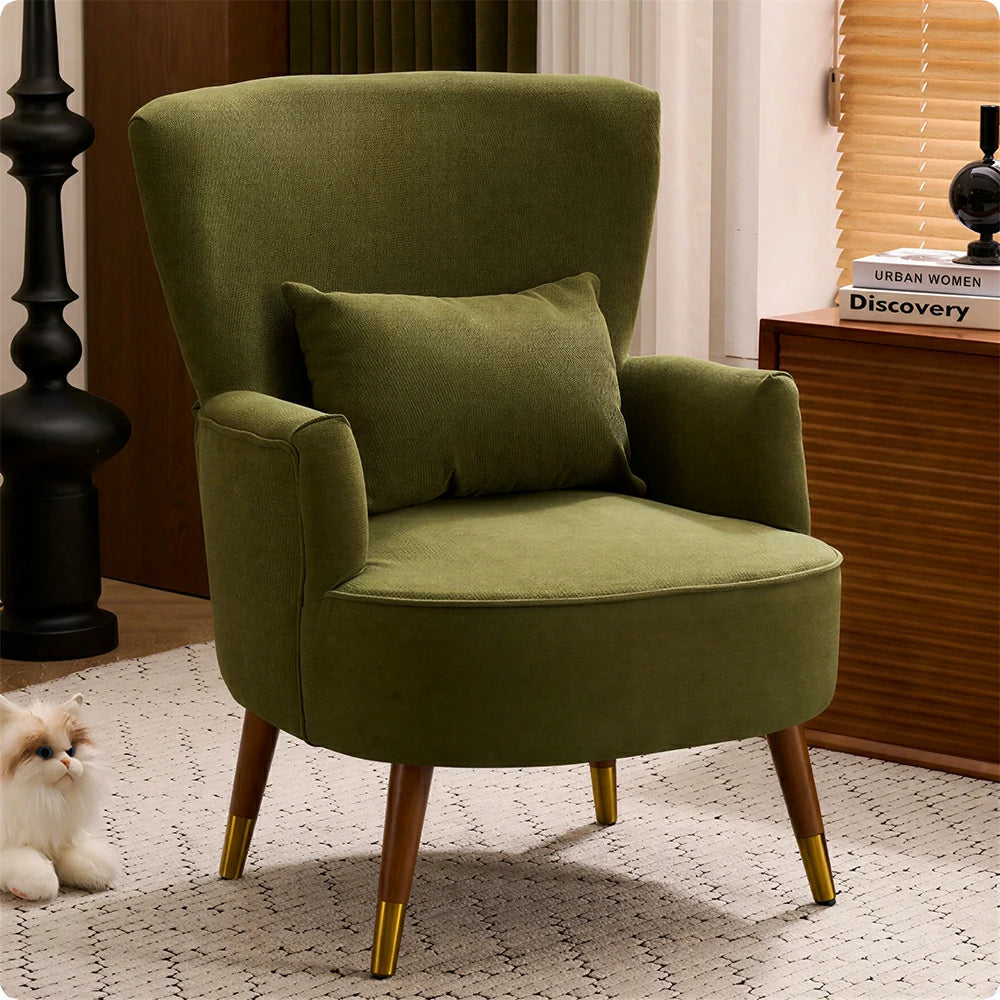 LIVARA High Back Vintage Peony Lounge Chair with Solid Wood Legs for Living Room -Dark Green