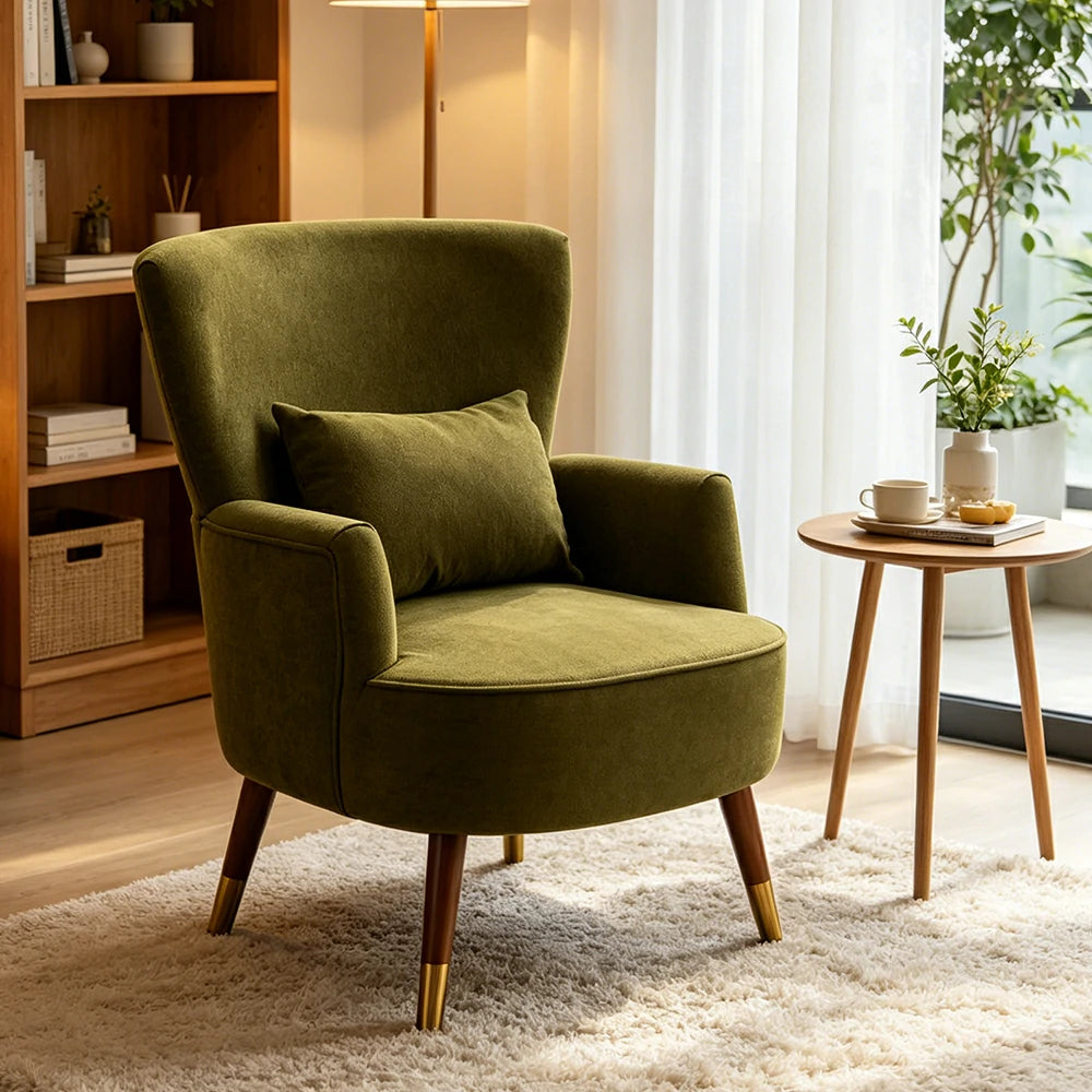 LIVARA High Back Vintage Peony Lounge Chair with Solid Wood Legs for Living Room -Dark Green