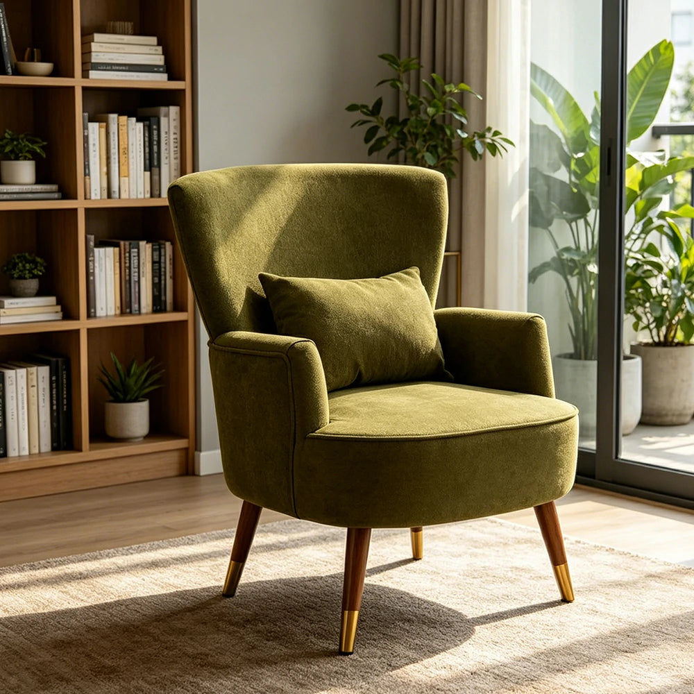 LIVARA High Back Vintage Peony Lounge Chair with Solid Wood Legs for Living Room -Dark Green
