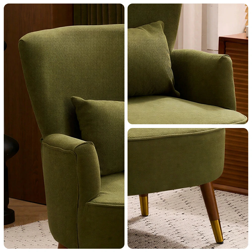 LIVARA High Back Vintage Peony Lounge Chair with Solid Wood Legs for Living Room -Dark Green