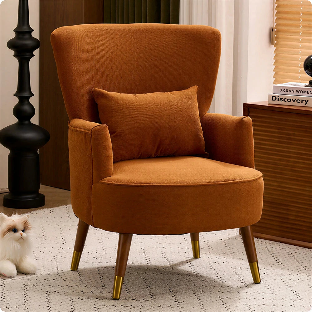 LIVARA High Back Vintage Peony Lounge Chair with Solid Wood Legs for Living Room -Caramel Brown