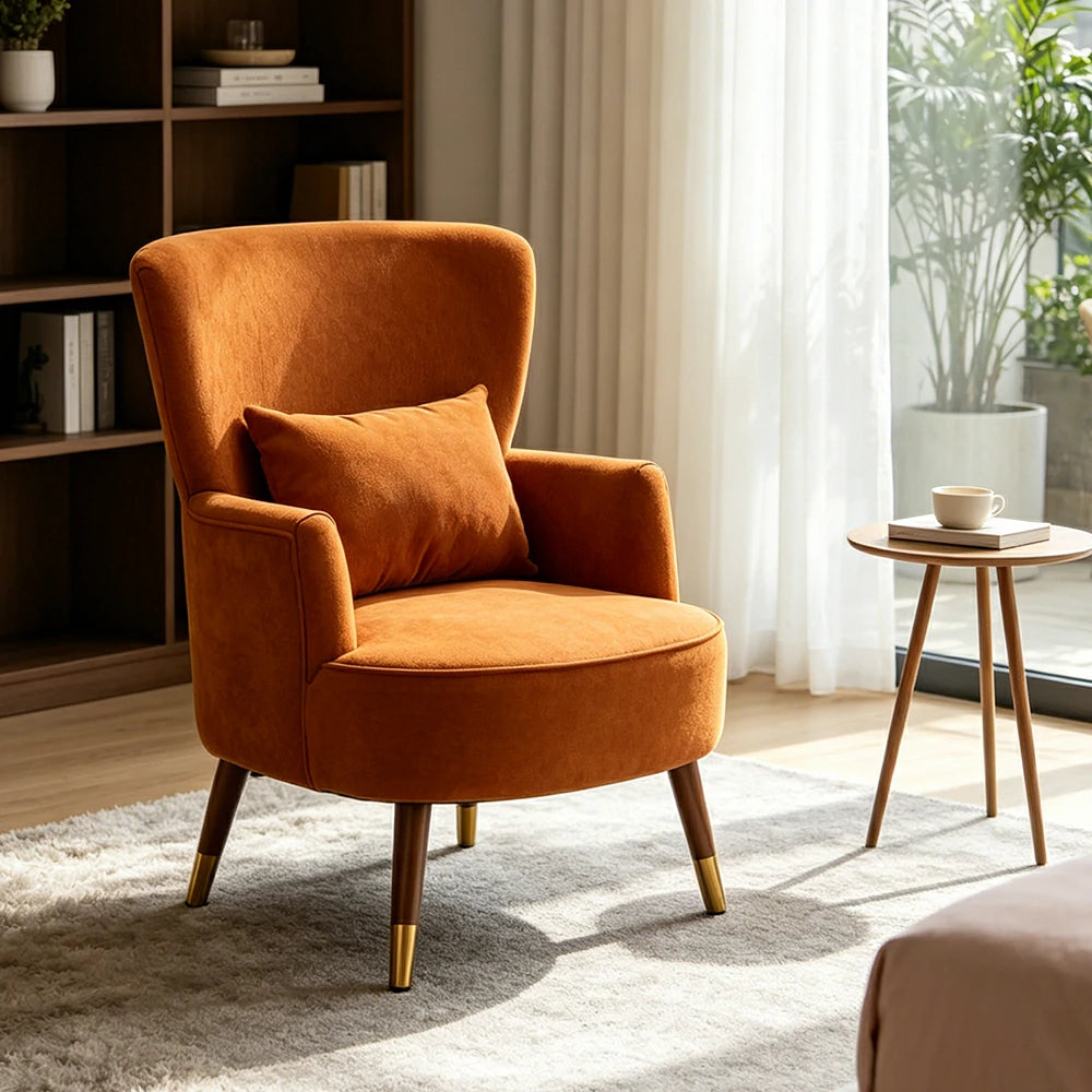 LIVARA High Back Vintage Peony Lounge Chair with Solid Wood Legs for Living Room -Caramel Brown