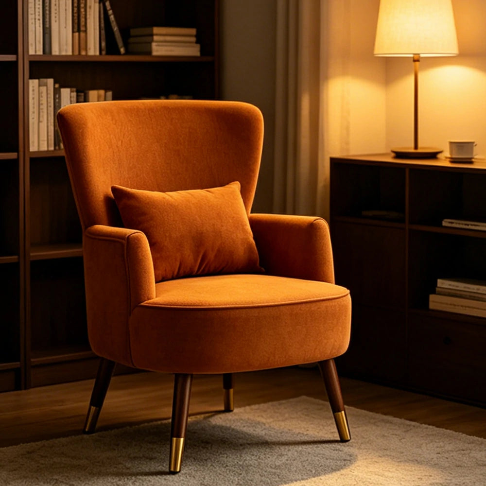 LIVARA High Back Vintage Peony Lounge Chair with Solid Wood Legs for Living Room -Caramel Brown