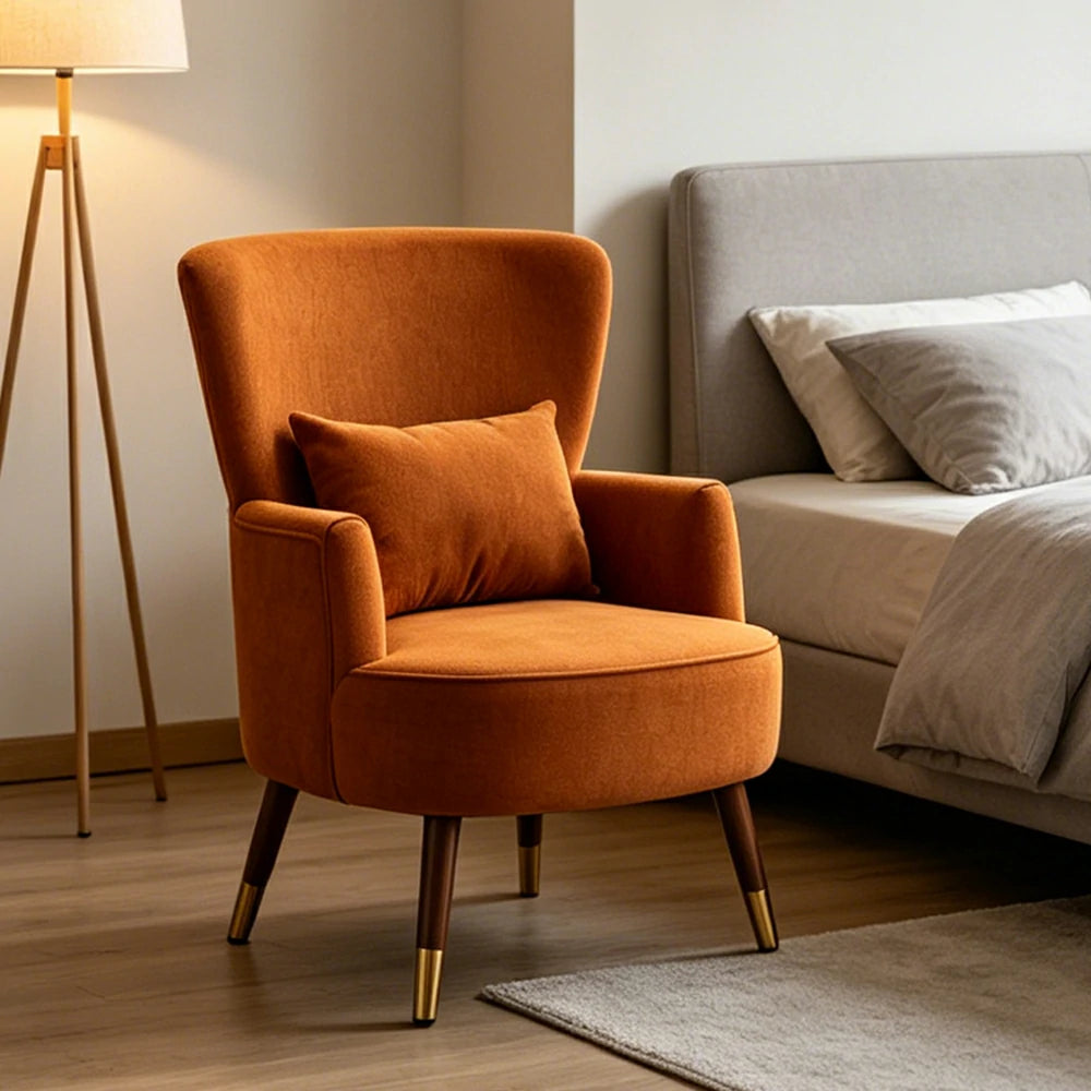 LIVARA High Back Vintage Peony Lounge Chair with Solid Wood Legs for Living Room -Caramel Brown