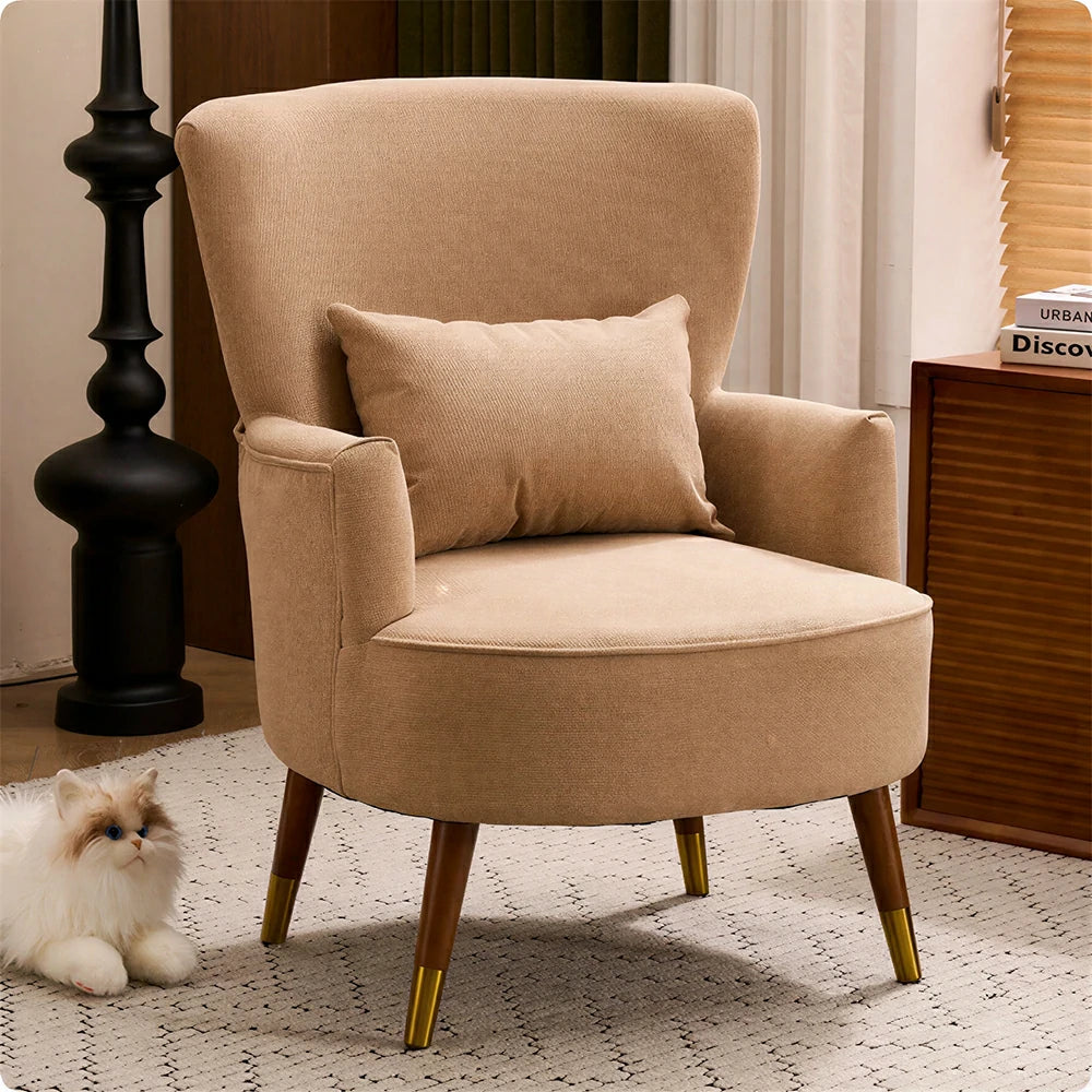 LIVARA High Back Vintage Peony Lounge Chair with Solid Wood Legs for Living Room -Light Khaki