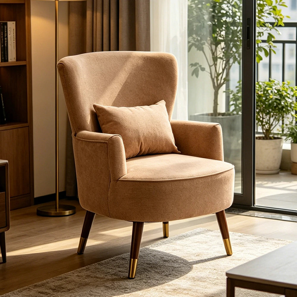 LIVARA High Back Vintage Peony Lounge Chair with Solid Wood Legs for Living Room -Light Khaki