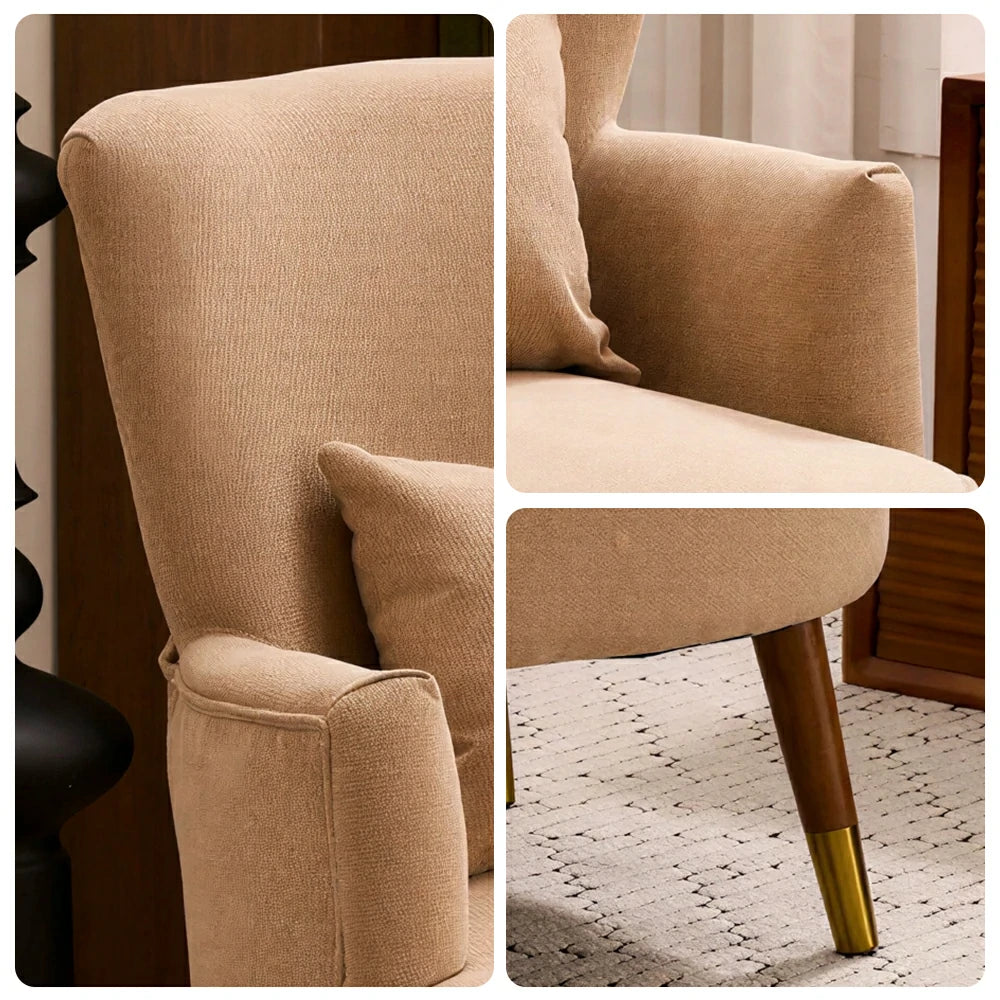 LIVARA High Back Vintage Peony Lounge Chair with Solid Wood Legs for Living Room -Light Khaki