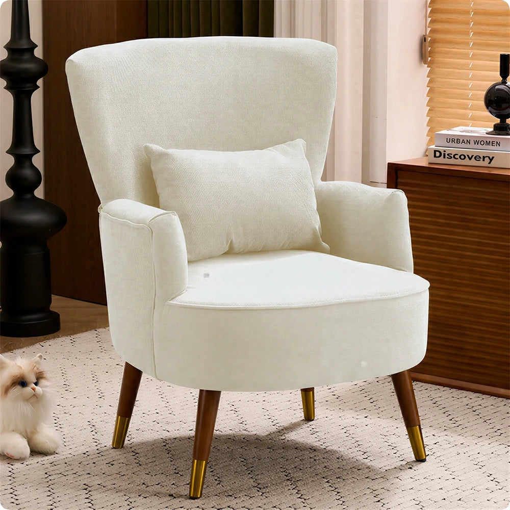 LIVARA High Back Vintage Peony Lounge Chair with Solid Wood Legs for Living Room -White