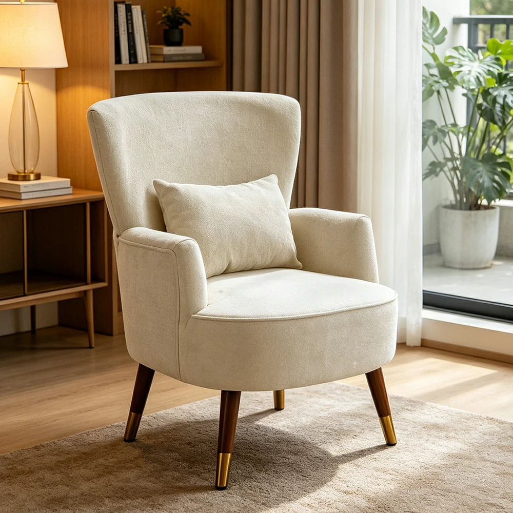 LIVARA High Back Vintage Peony Lounge Chair with Solid Wood Legs for Living Room -White