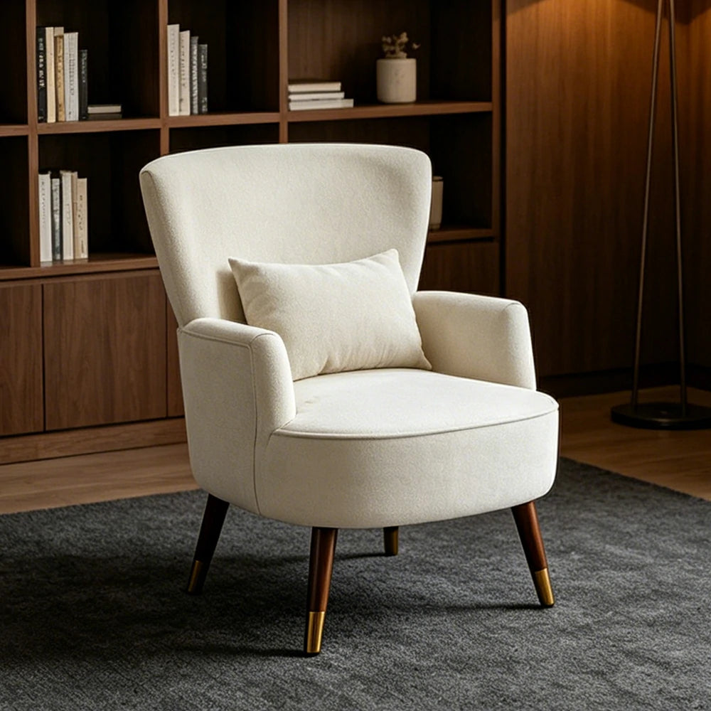 LIVARA High Back Vintage Peony Lounge Chair with Solid Wood Legs for Living Room -White