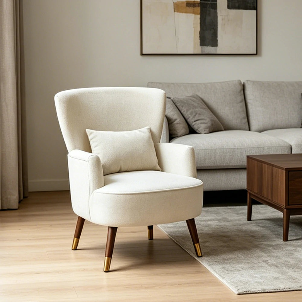 LIVARA High Back Vintage Peony Lounge Chair with Solid Wood Legs for Living Room -White