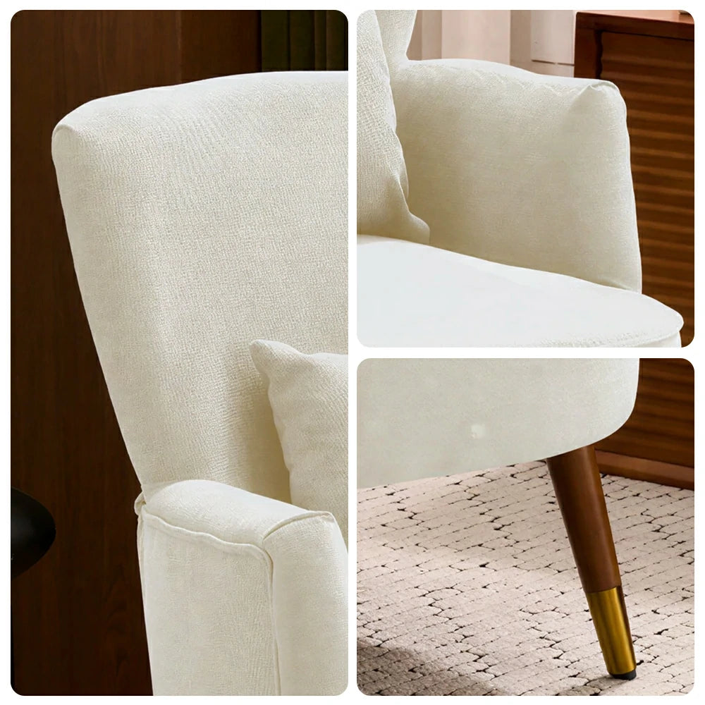 LIVARA High Back Vintage Peony Lounge Chair with Solid Wood Legs for Living Room -White