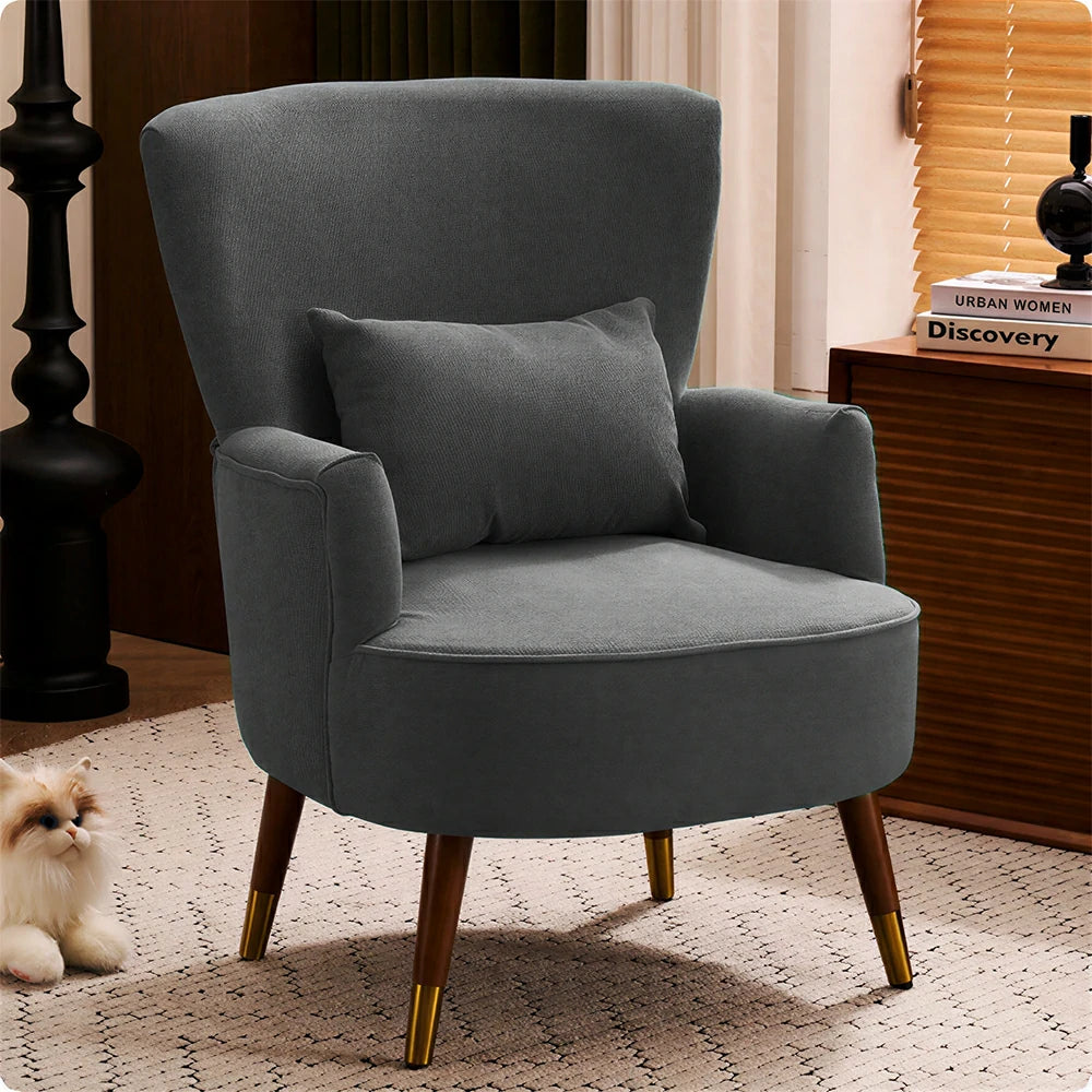 LIVARA High Back Vintage Peony Lounge Chair with Solid Wood Legs for Living Room -Dark Grey