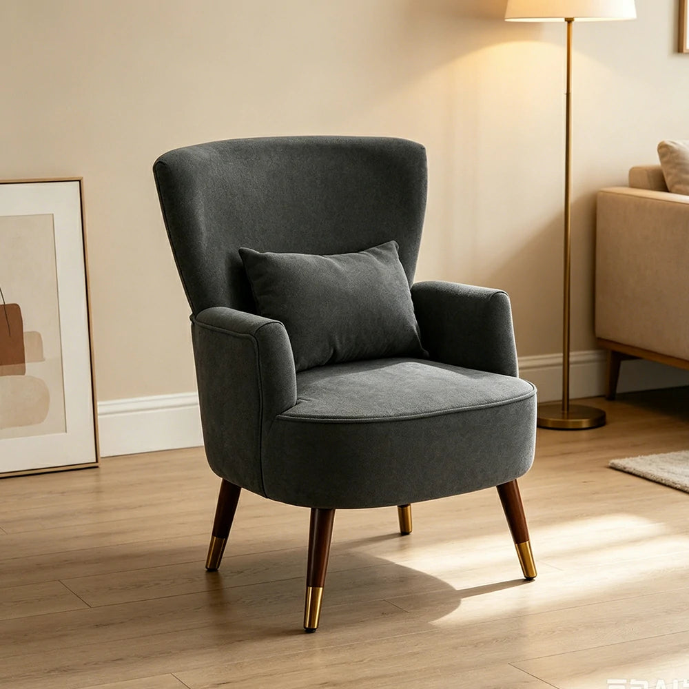 LIVARA High Back Vintage Peony Lounge Chair with Solid Wood Legs for Living Room -Dark Grey