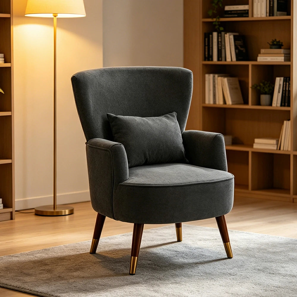 LIVARA High Back Vintage Peony Lounge Chair with Solid Wood Legs for Living Room -Dark Grey