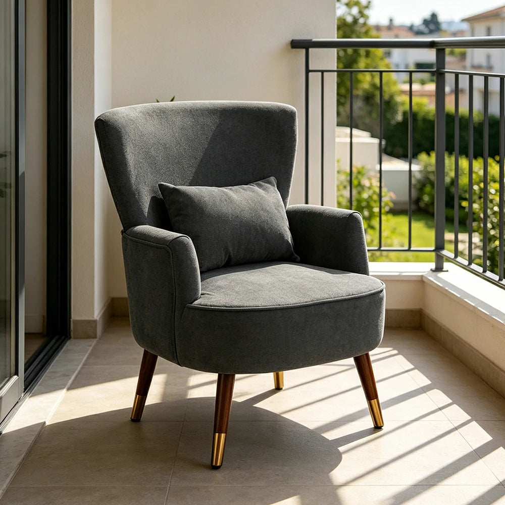 LIVARA High Back Vintage Peony Lounge Chair with Solid Wood Legs for Living Room -Dark Grey