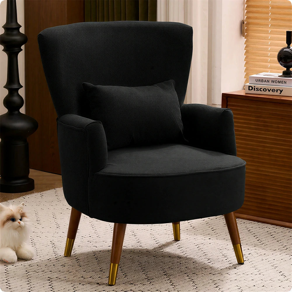 LIVARA High Back Vintage Peony Lounge Chair with Solid Wood Legs for Living Room -Black