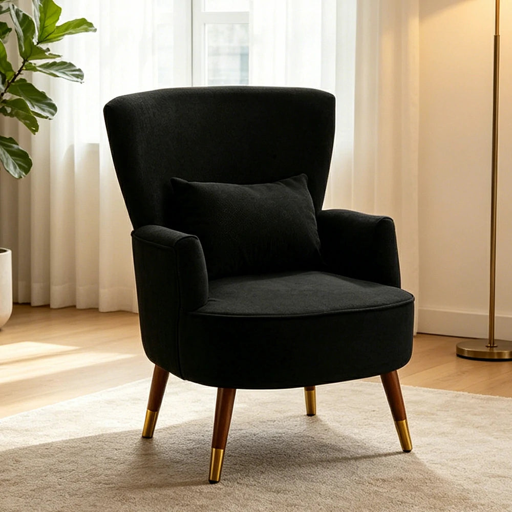 LIVARA High Back Vintage Peony Lounge Chair with Solid Wood Legs for Living Room -Black