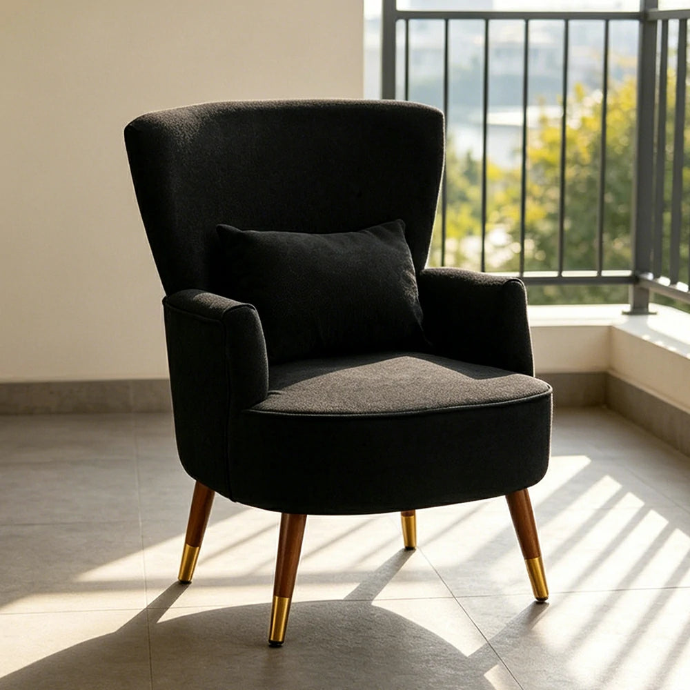 LIVARA High Back Vintage Peony Lounge Chair with Solid Wood Legs for Living Room -Black