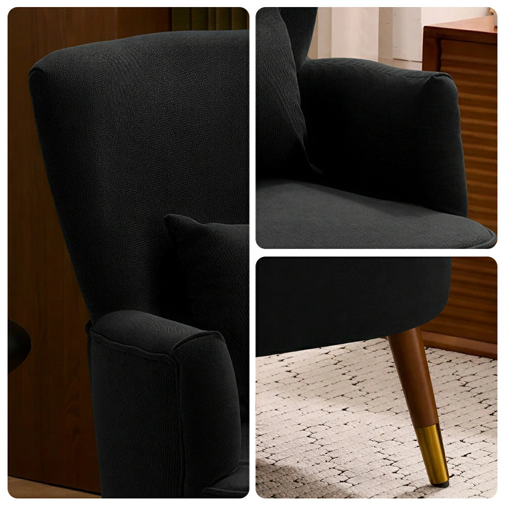 LIVARA High Back Vintage Peony Lounge Chair with Solid Wood Legs for Living Room -Black