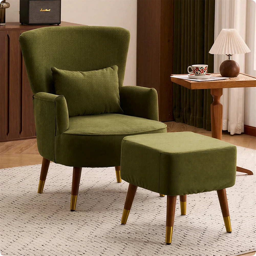 LIVARA High Back Vintage Peony Lounge Chair with Solid Wood Legs for Living Room -Dark Green