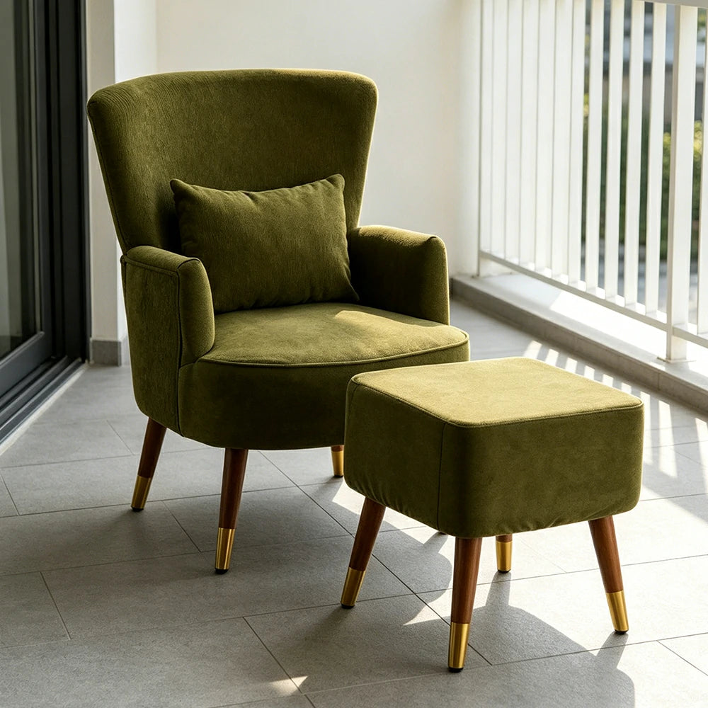 LIVARA High Back Vintage Peony Lounge Chair with Solid Wood Legs for Living Room -Dark Green