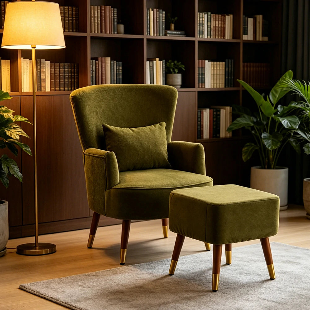 LIVARA High Back Vintage Peony Lounge Chair with Solid Wood Legs for Living Room -Dark Green