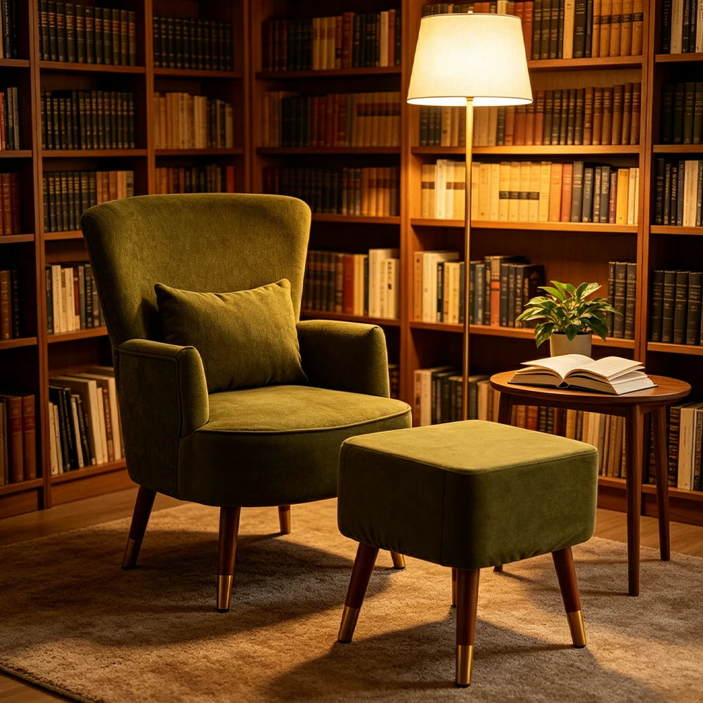 LIVARA High Back Vintage Peony Lounge Chair with Solid Wood Legs for Living Room -Dark Green