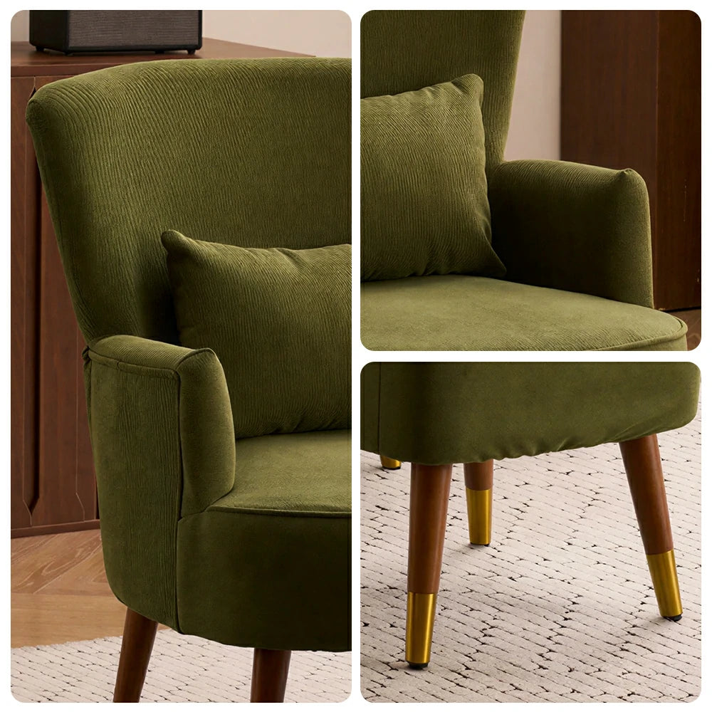 LIVARA High Back Vintage Peony Lounge Chair with Solid Wood Legs for Living Room -Dark Green