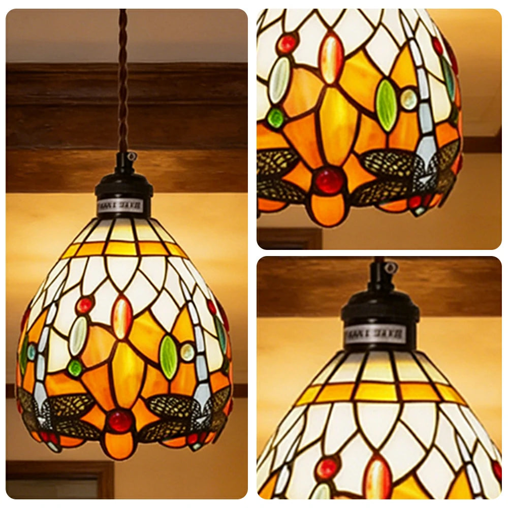 LIVARA Orange Dragonfly Pattern Pendant Light Minimalist Hanging Lamp Floral Shade E27 Ceiling Light for Bedroom Bedside Dining Area