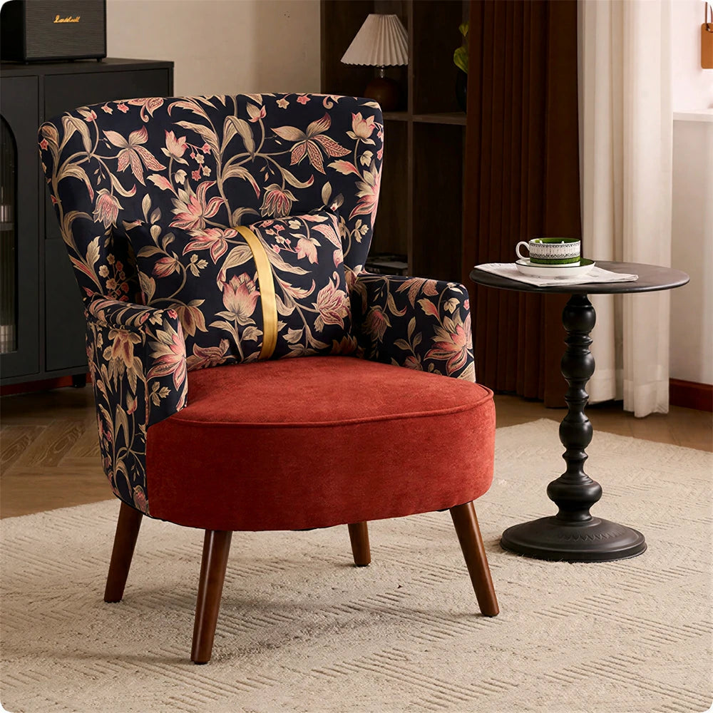 LIVARA High Back Vintage Floral Cotton Linen Lounge Chair for Living Room - Red Pattern