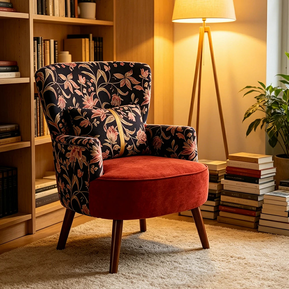 LIVARA High Back Vintage Floral Cotton Linen Lounge Chair for Living Room - Red Pattern