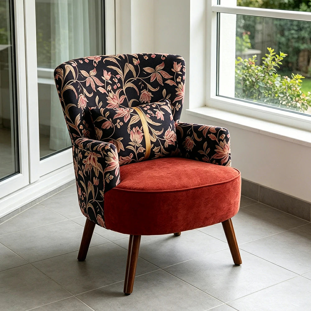 LIVARA High Back Vintage Floral Cotton Linen Lounge Chair for Living Room - Red Pattern
