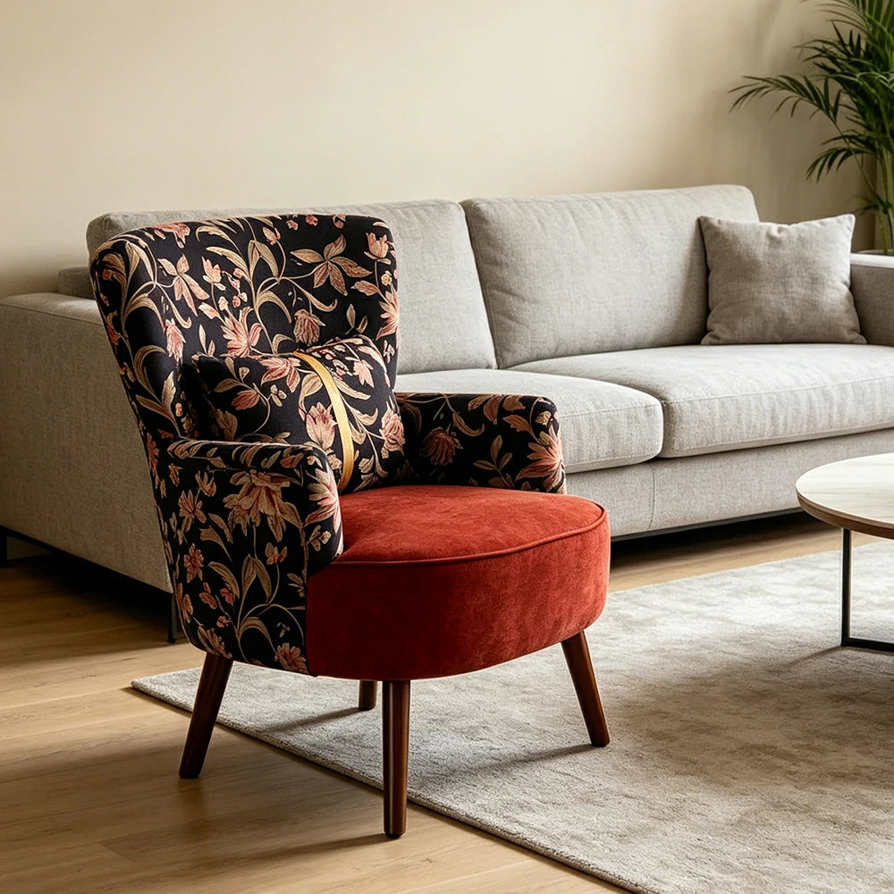 LIVARA High Back Vintage Floral Cotton Linen Lounge Chair for Living Room - Red Pattern