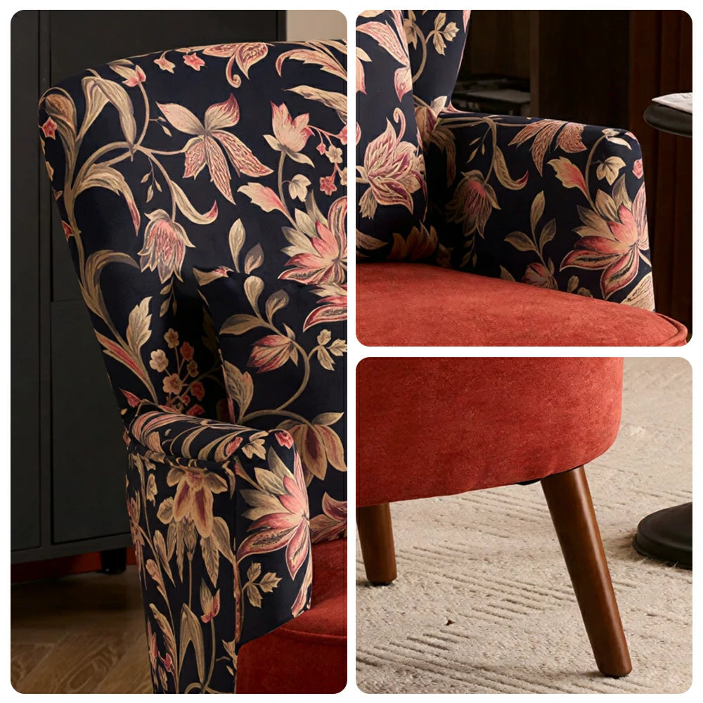 LIVARA High Back Vintage Floral Cotton Linen Lounge Chair for Living Room - Red Pattern