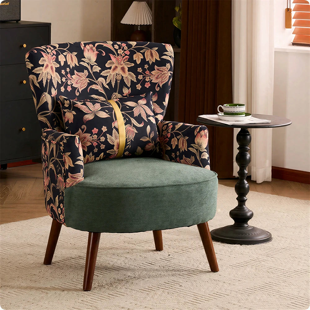 LIVARA High Back Vintage Floral Cotton Linen Lounge Chair for Living Room - Green Pattern