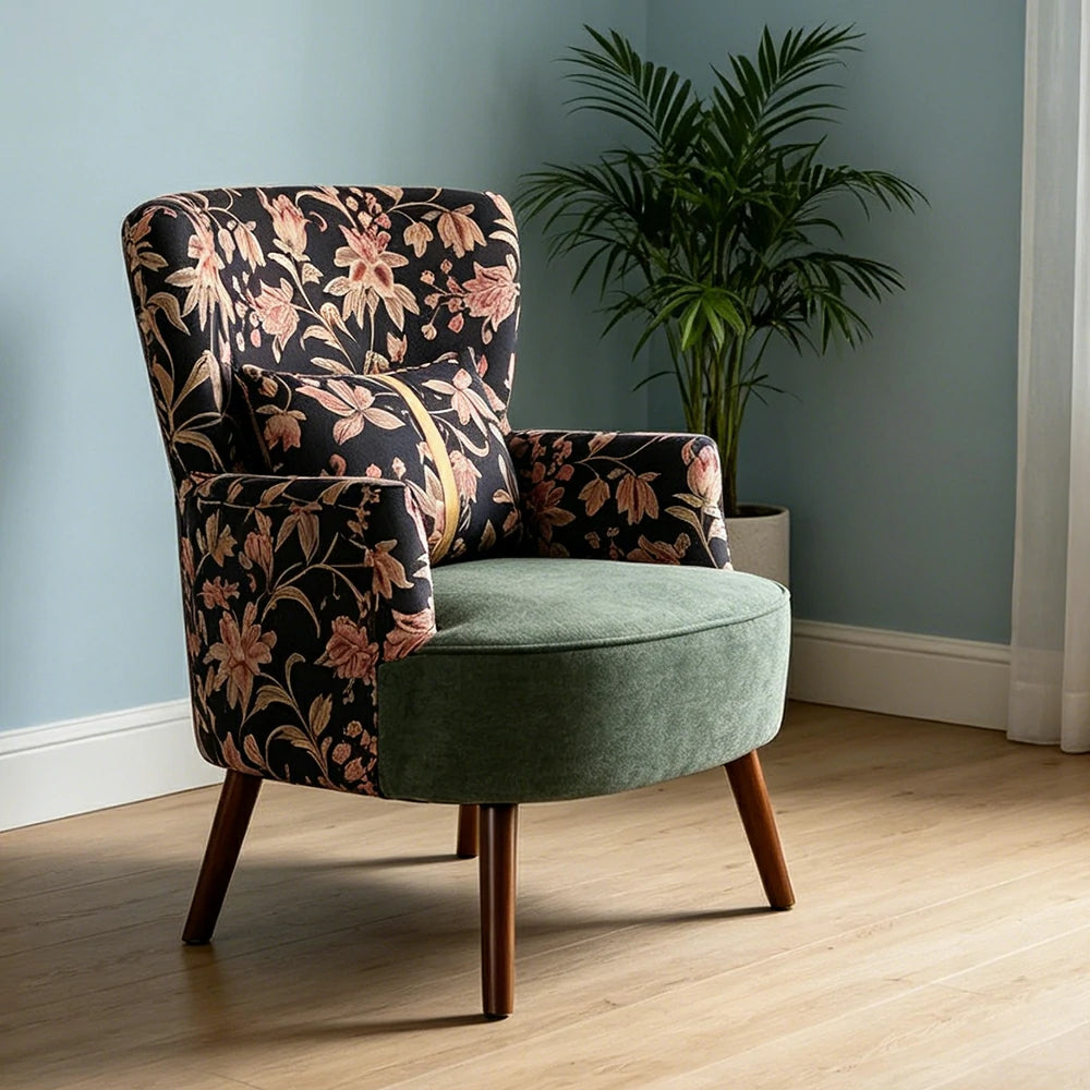 LIVARA High Back Vintage Floral Cotton Linen Lounge Chair for Living Room - Green Pattern