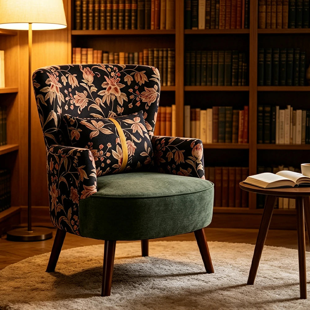 LIVARA High Back Vintage Floral Cotton Linen Lounge Chair for Living Room - Green Pattern